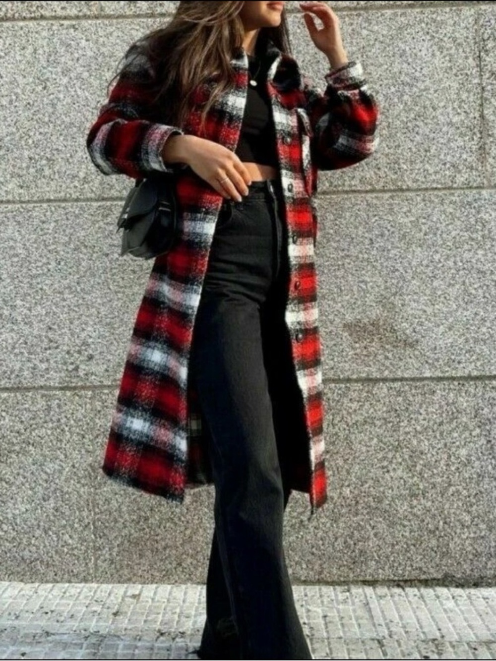 ZARA NEW WOMAN WOOL BLEND CHECK PLAID LONG OVERSHIRT JACKET COAT RED 7522/056 M